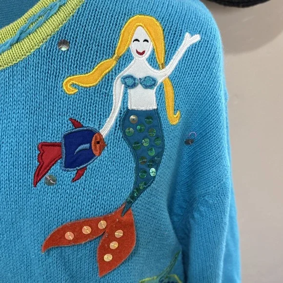 Quacker Factory Women's 3X  Blue Green Mermaids Embroidered Cardigan Sweater GUC - Picture 6 of 7